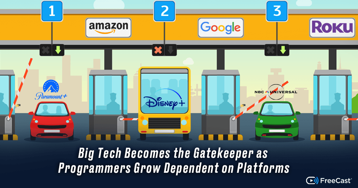Illustration of Paramount+, Disney+, and NBCUniversal stuck at toll booths controlled by Big Tech platforms like Amazon, Google, and Roku — highlighting how streaming services depend on digital gatekeepers. Learn how FreeCast offers an independent streaming solution for content providers.